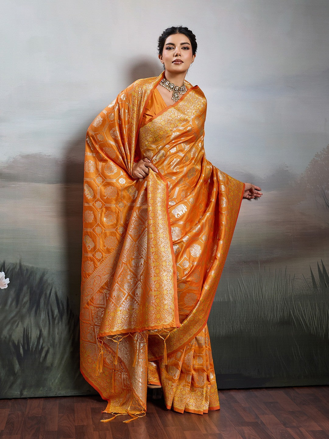 Elegant Orange Floral & Elephant Motif Silk Blend Saree with Zari Work - Image 6