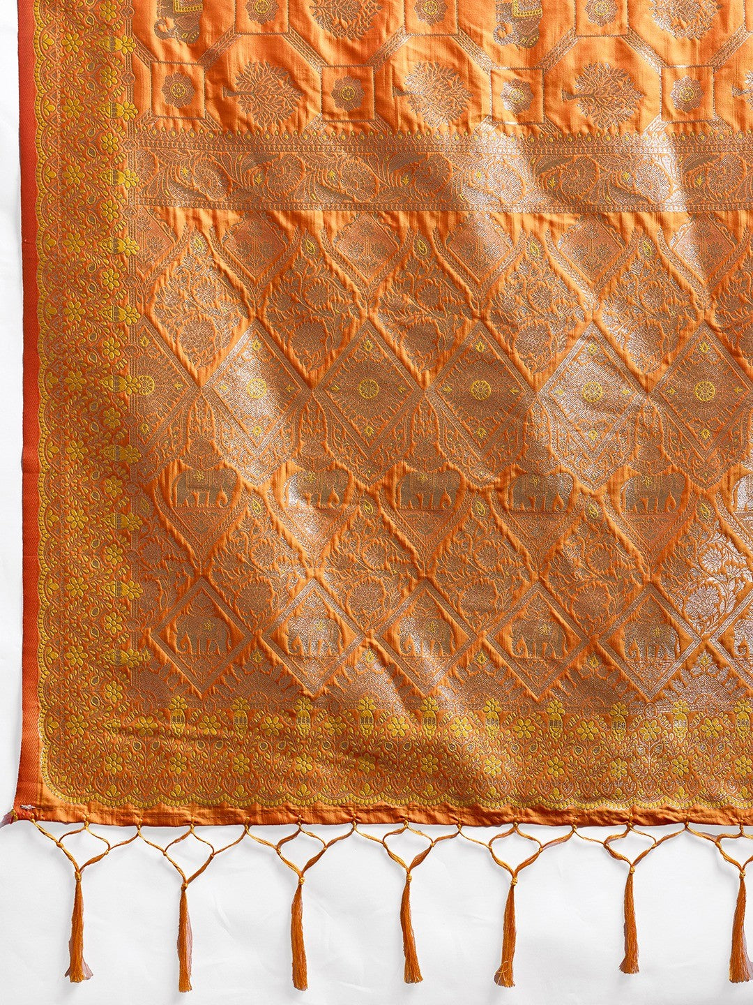 Elegant Orange Floral & Elephant Motif Silk Blend Saree with Zari Work - Image 3