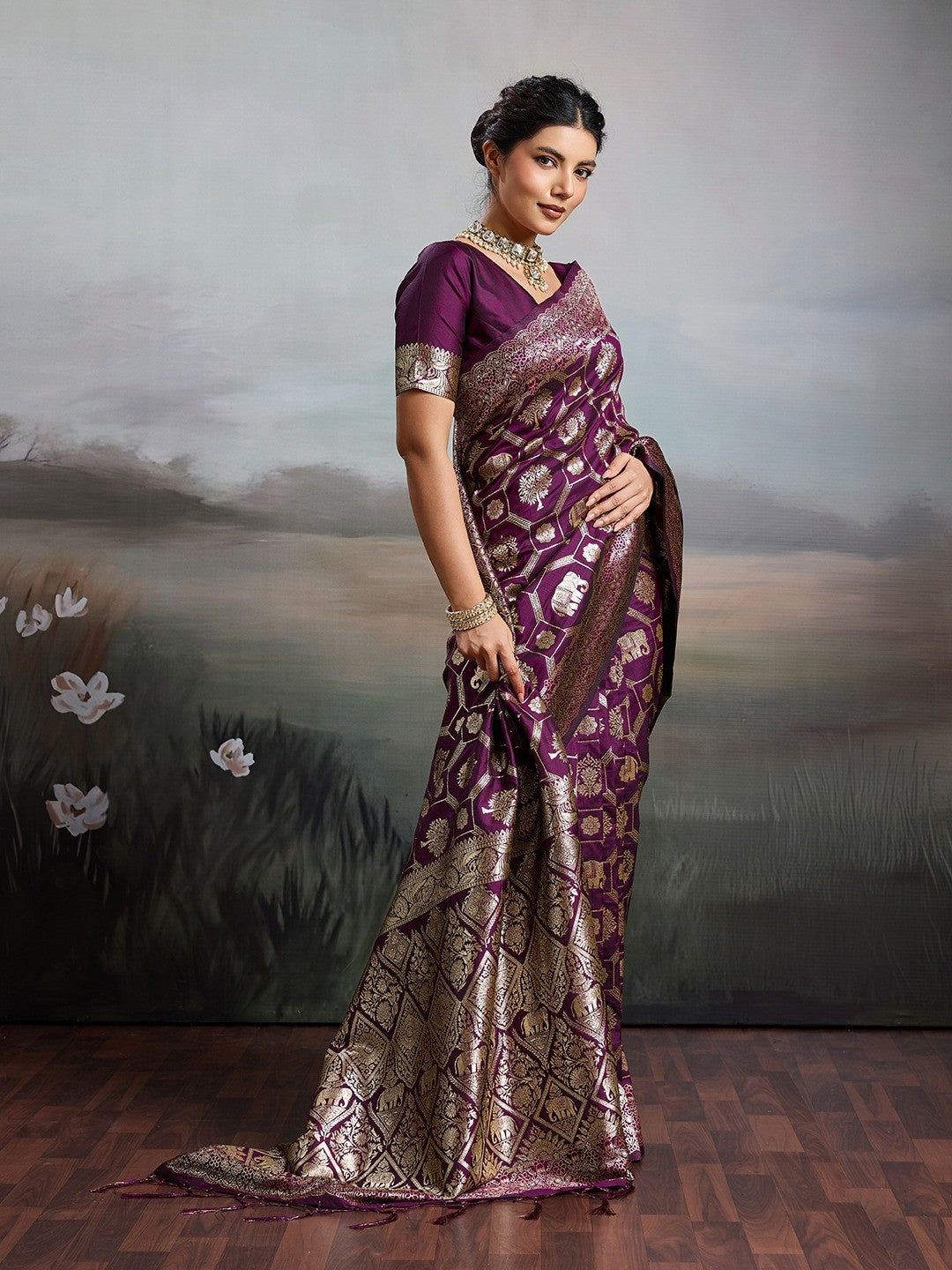 Graceful Wine Floral & Elephant Motif Silk Blend Saree With Zari Weaving & Tassels Pallu - Image 7