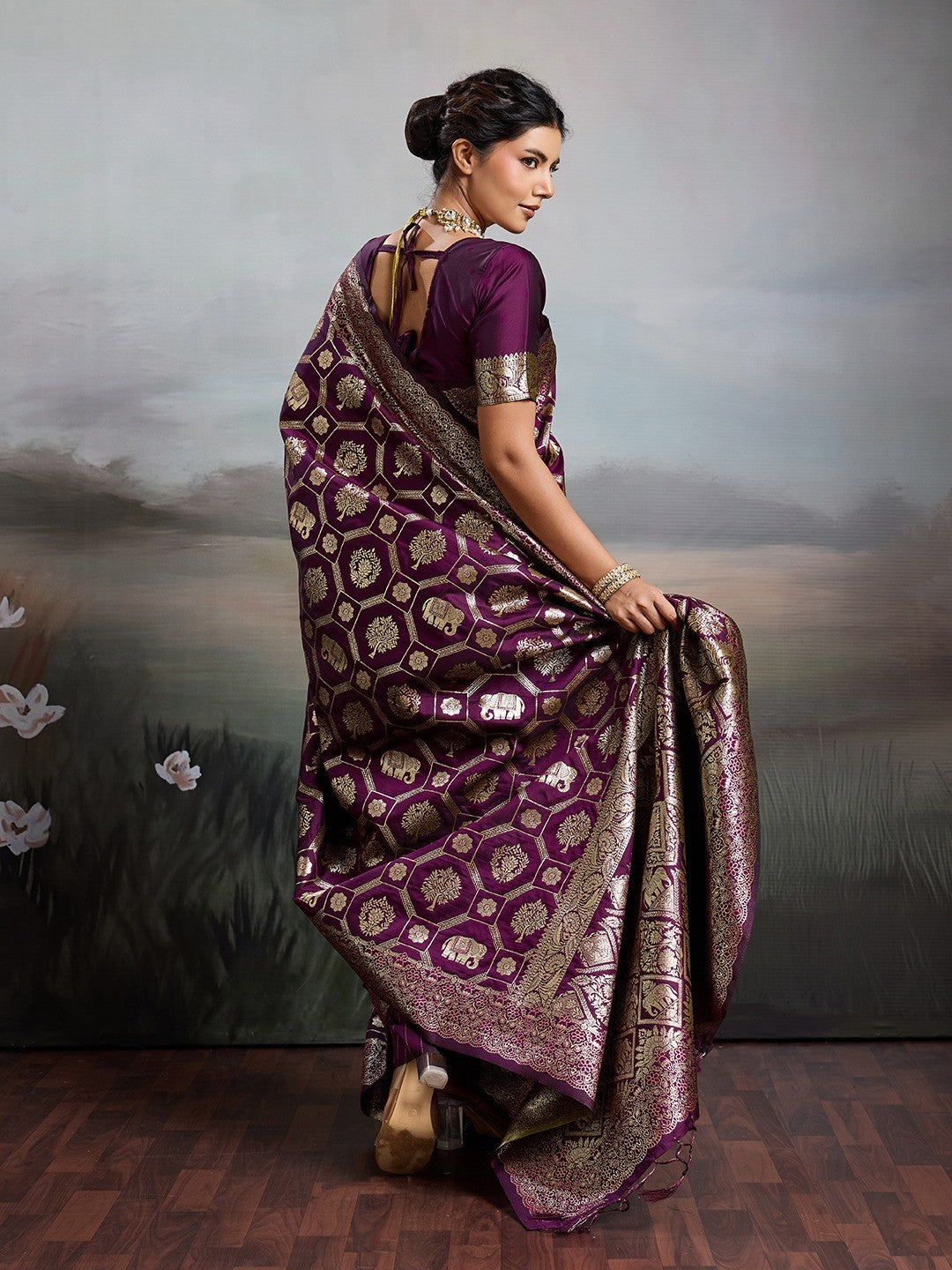 Graceful Wine Floral & Elephant Motif Silk Blend Saree With Zari Weaving & Tassels Pallu - Image 4