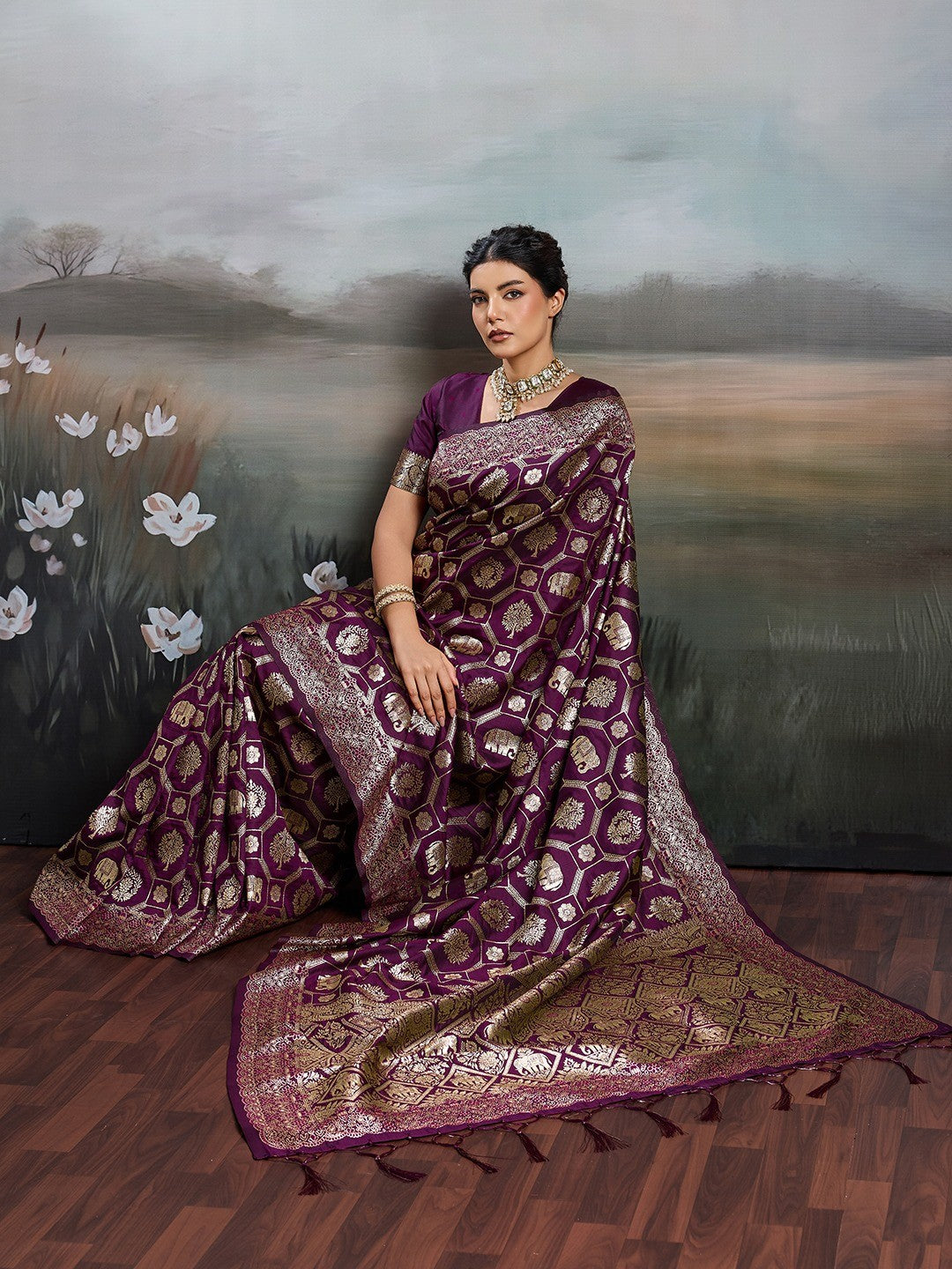 Graceful Wine Floral & Elephant Motif Silk Blend Saree With Zari Weaving & Tassels Pallu - Image 6