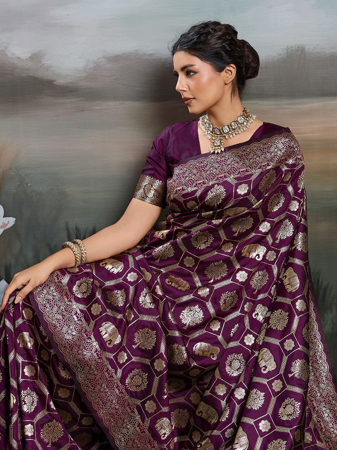 Graceful Wine Floral & Elephant Motif Silk Blend Saree With Zari Weaving & Tassels Pallu - Image 3