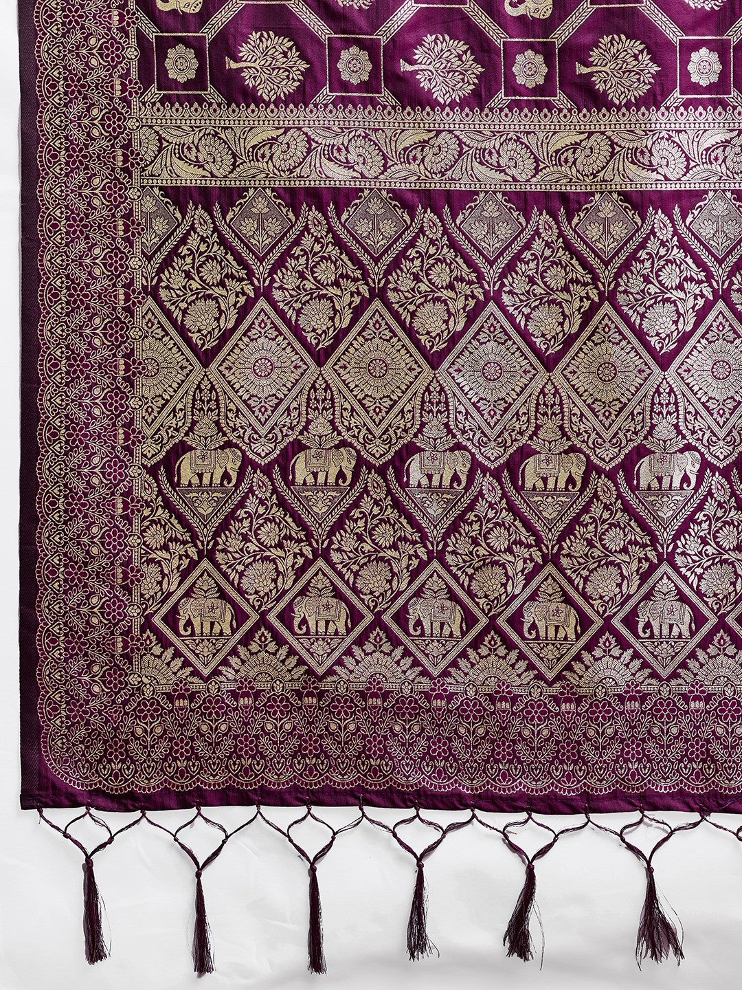 Graceful Wine Floral & Elephant Motif Silk Blend Saree With Zari Weaving & Tassels Pallu - Image 5