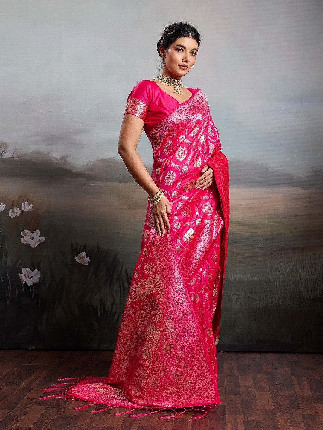 Graceful Rani Pink Floral & Elephant Motif Silk Blend Saree With Zari Weaving & Tassels Pallu - Image 7