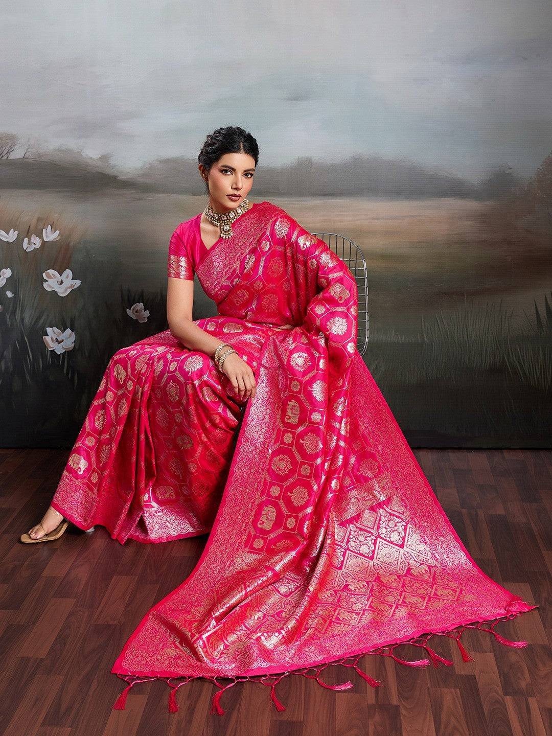 Graceful Rani Pink Floral & Elephant Motif Silk Blend Saree With Zari Weaving & Tassels Pallu - Image 7