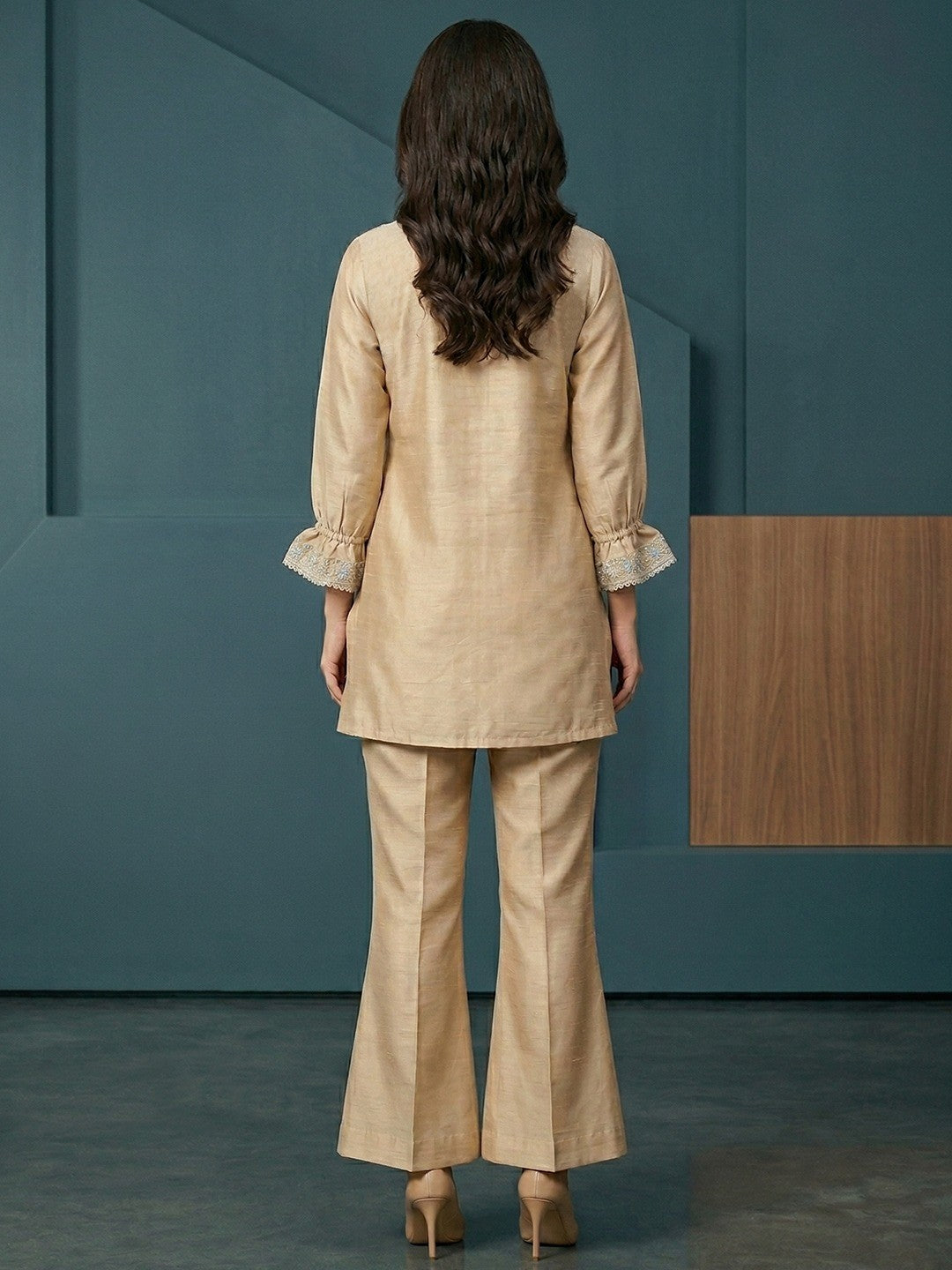 Beige Crepe Straight Fit Top Bottom Set with Elegant Embroidery - Image 3