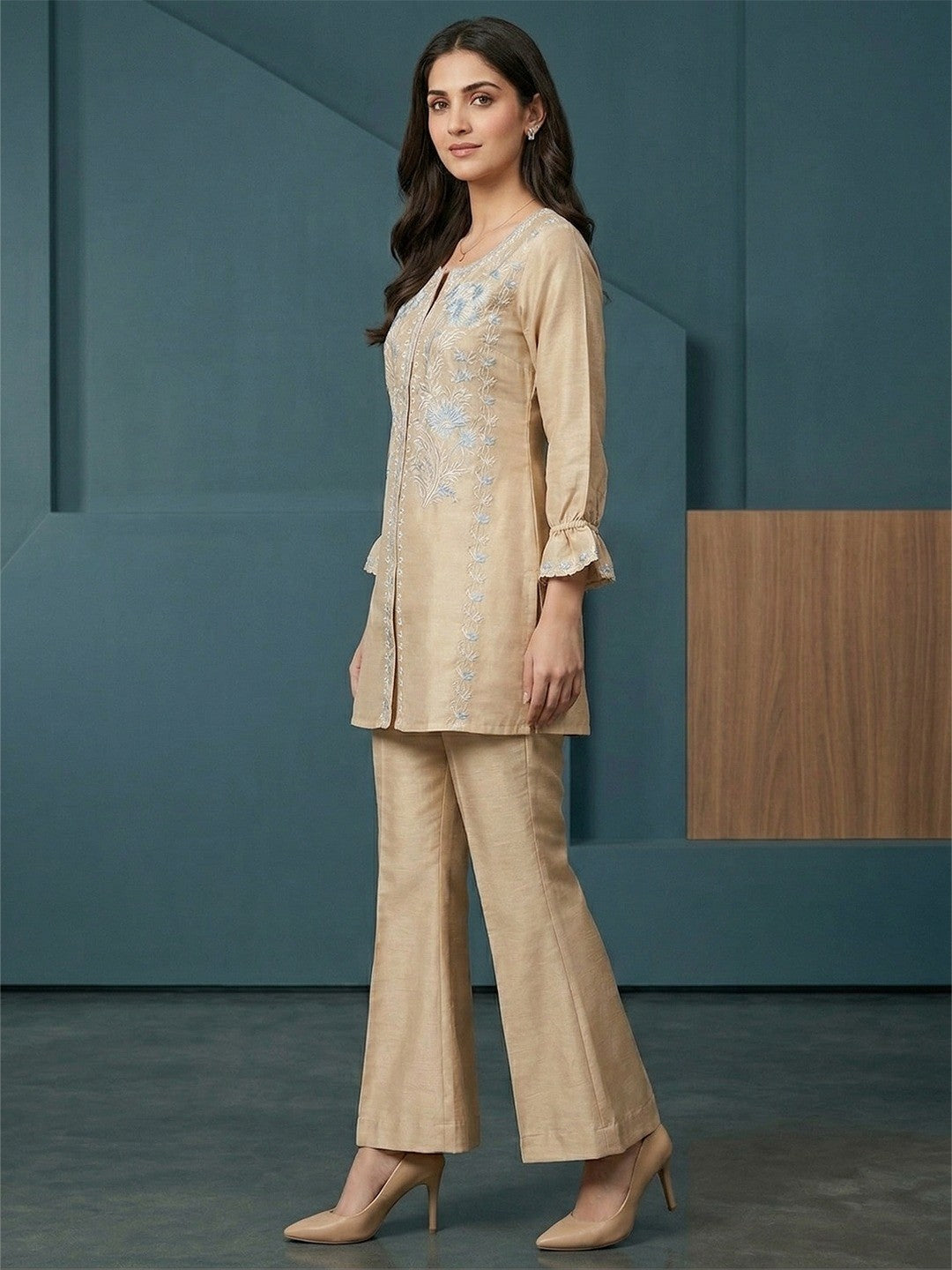 Beige Crepe Straight Fit Top Bottom Set with Elegant Embroidery - Image 2