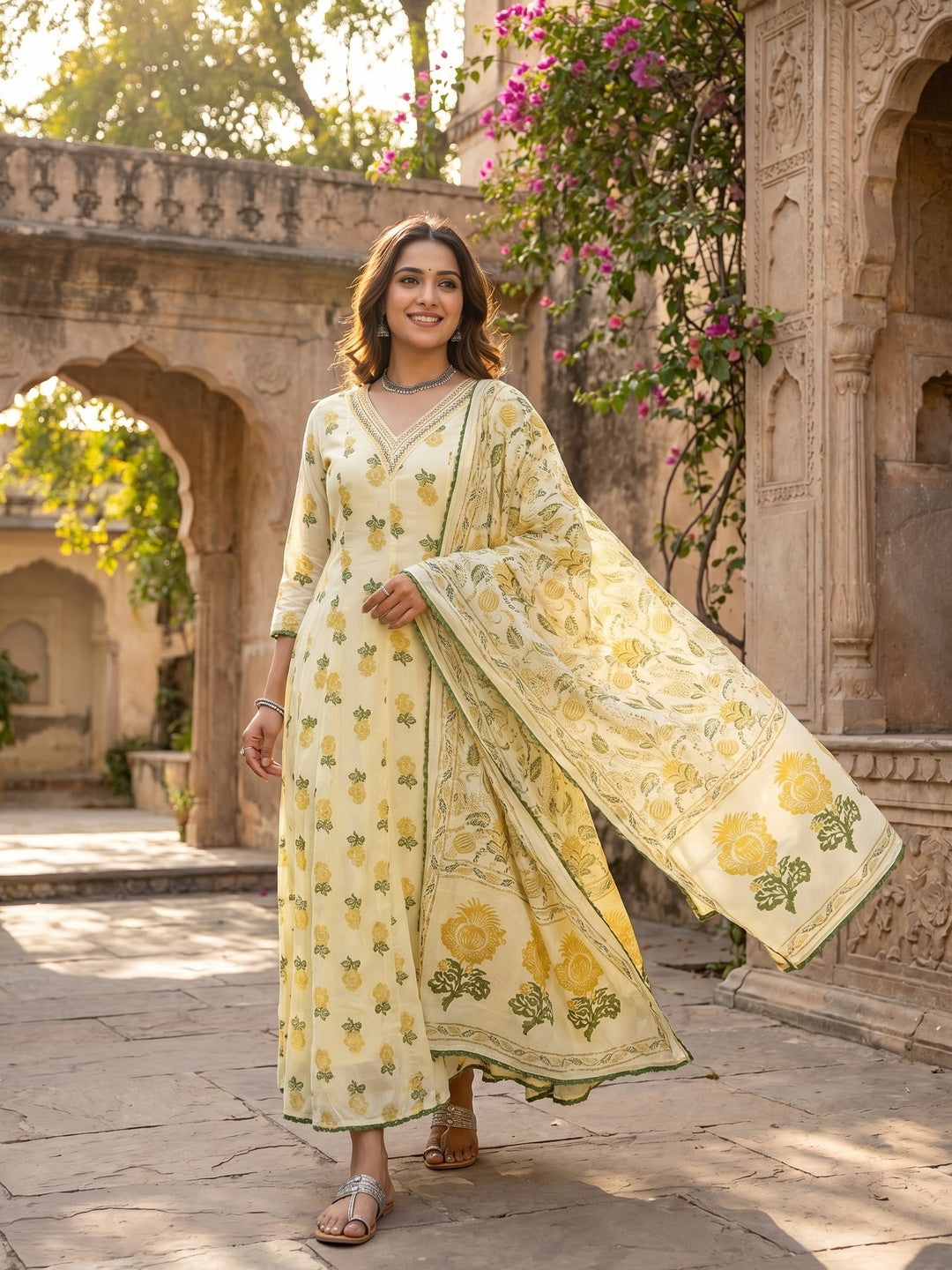Yellow Floral Printed Mulmul Cotton Anarkali Salwar Suit Set - Image 1