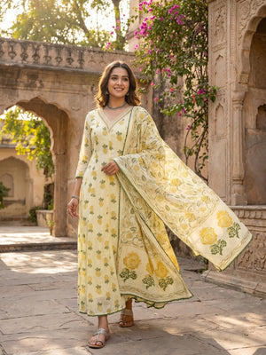 Yellow Floral Printed Mulmul Cotton Anarkali Salwar Suit Set - Image 1