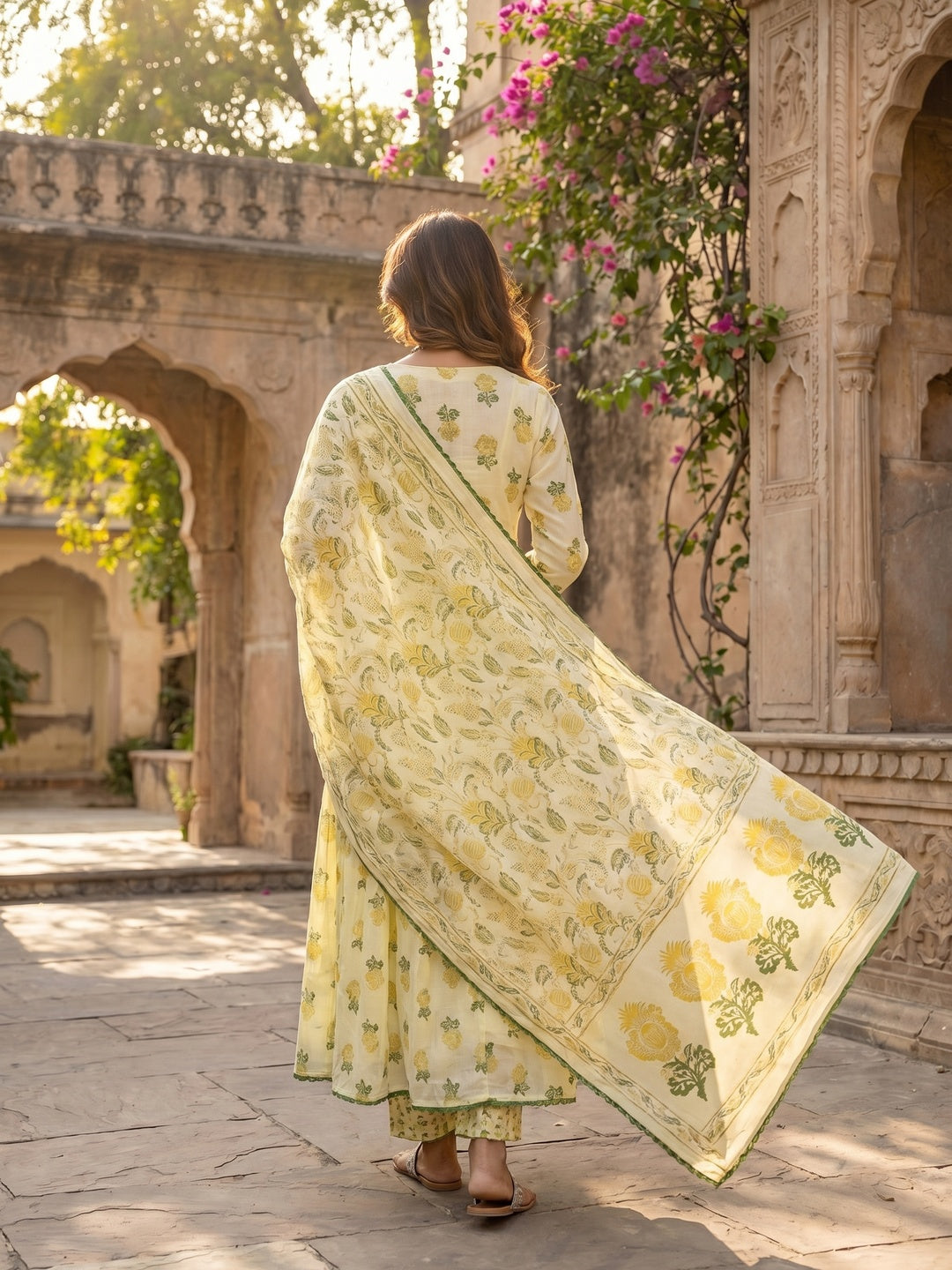 Yellow Floral Printed Mulmul Cotton Anarkali Salwar Suit Set - Image 3