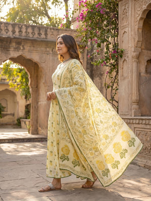Yellow Floral Printed Mulmul Cotton Anarkali Salwar Suit Set - Image 2