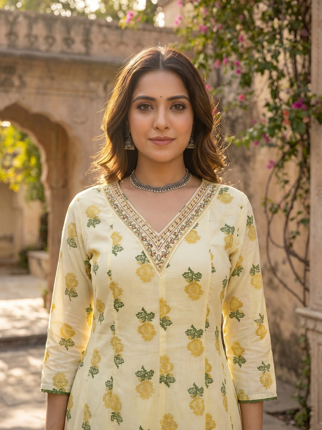 Yellow Floral Printed Mulmul Cotton Anarkali Salwar Suit Set - Image 4