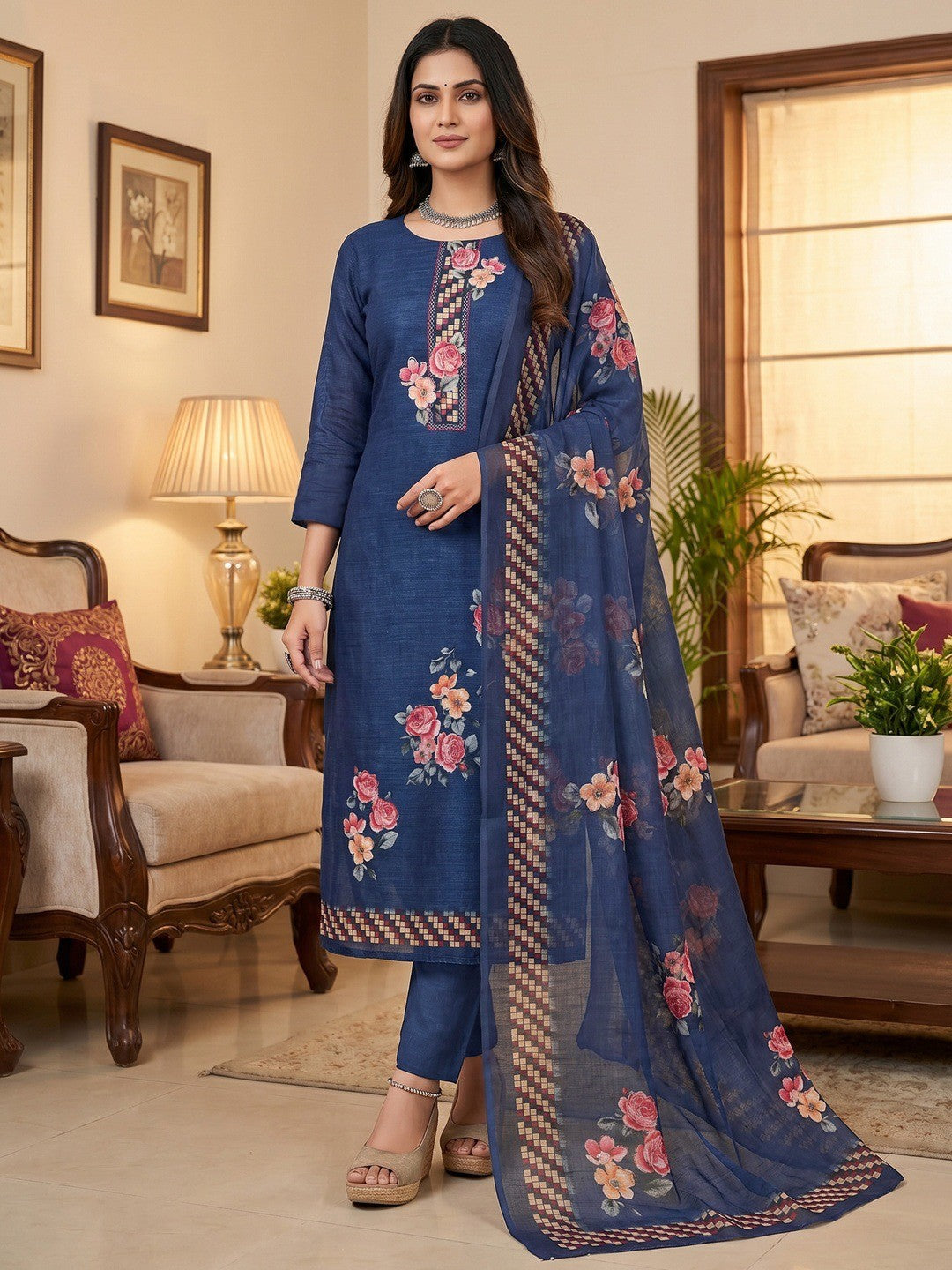 Elegant Navy Blue Floral Printed Linen Cotton Dress Material Featuring Hand Emboidery Work - Image 2