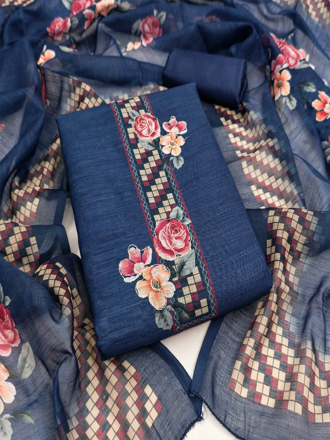 Elegant Navy Blue Floral Printed Linen Cotton Dress Material Featuring Hand Emboidery Work - Image 5