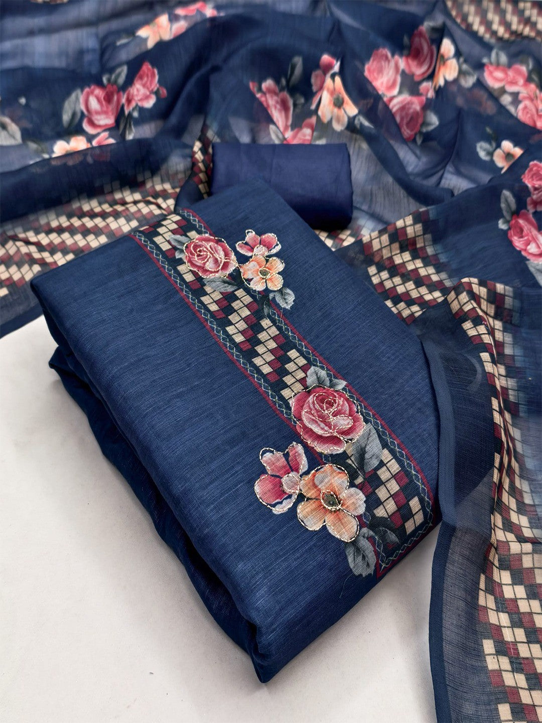 Elegant Navy Blue Floral Printed Linen Cotton Dress Material Featuring Hand Emboidery Work - Image 1