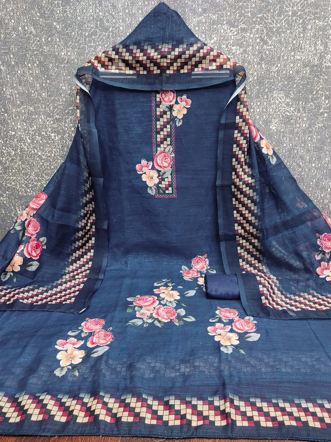 Elegant Navy Blue Floral Printed Linen Cotton Dress Material Featuring Hand Emboidery Work - Image 3