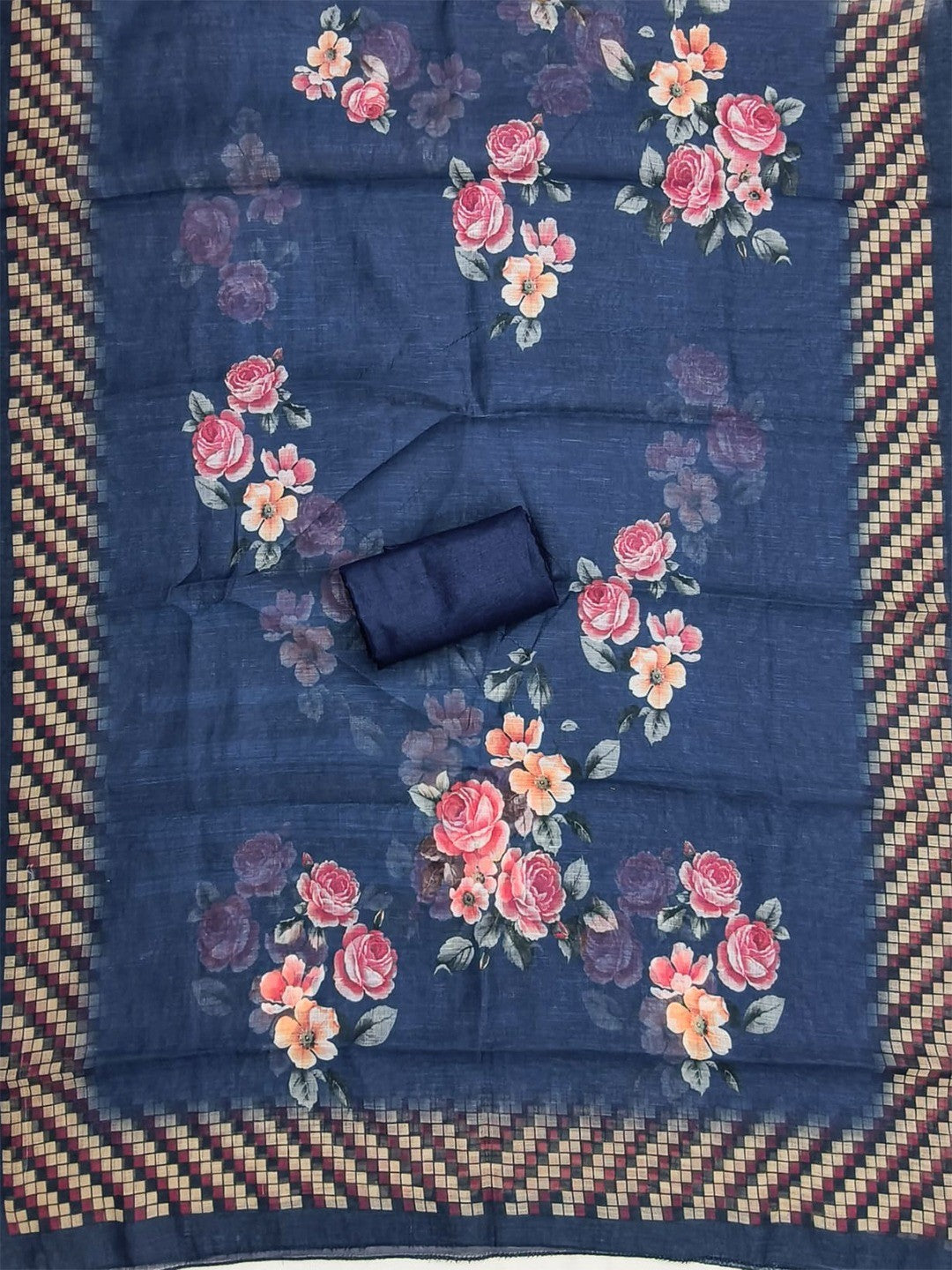 Elegant Navy Blue Floral Printed Linen Cotton Dress Material Featuring Hand Emboidery Work - Image 3
