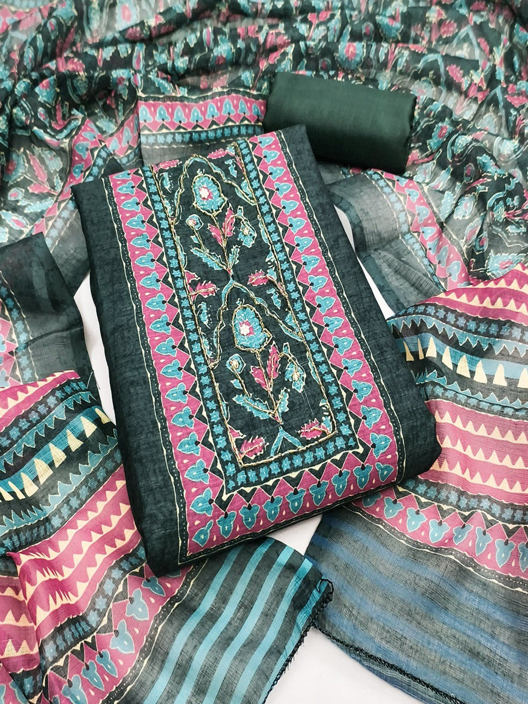 Stylish Deep Teal Green Floral Digital Printed Linen Cotton Dress Material With Khatli & Beads Work - Image 4