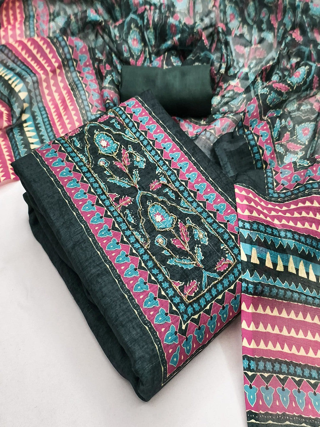 Stylish Deep Teal Green Floral Digital Printed Linen Cotton Dress Material With Khatli & Beads Work - Image 2