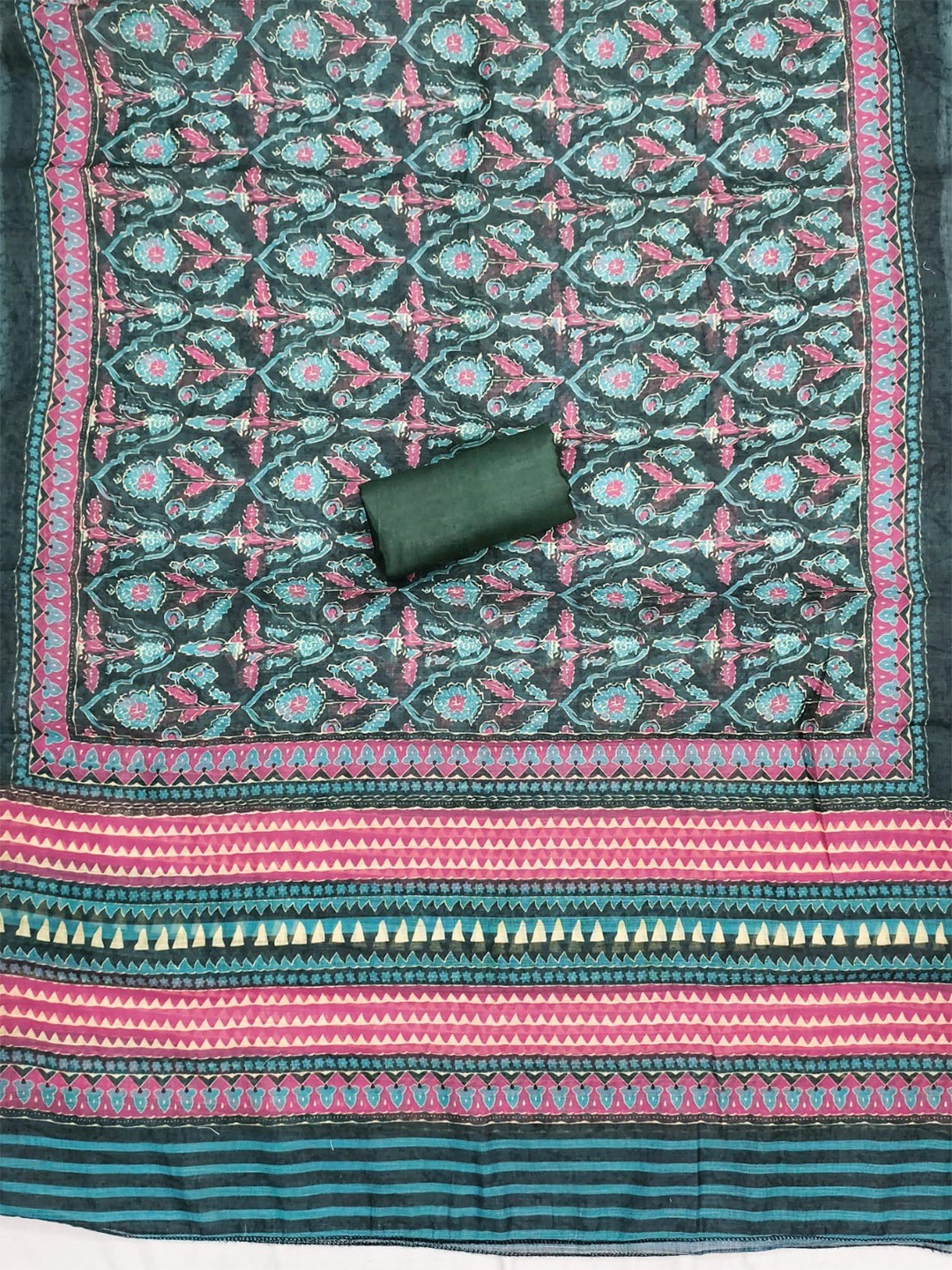Stylish Deep Teal Green Floral Digital Printed Linen Cotton Dress Material With Khatli & Beads Work - Image 3