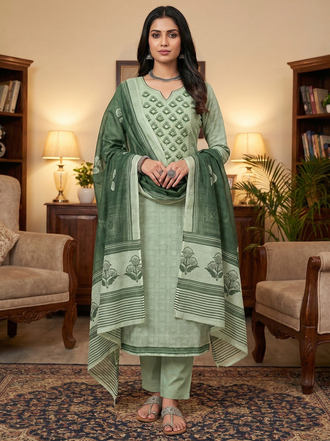 Premium Sage Green Floral Digital Print Linen Cotton Dress Material With Mirror Embroidery Work - Image 1
