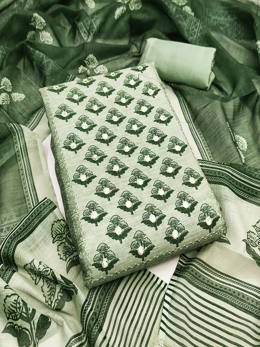 Premium Sage Green Floral Digital Print Linen Cotton Dress Material With Mirror Embroidery Work - Image 5