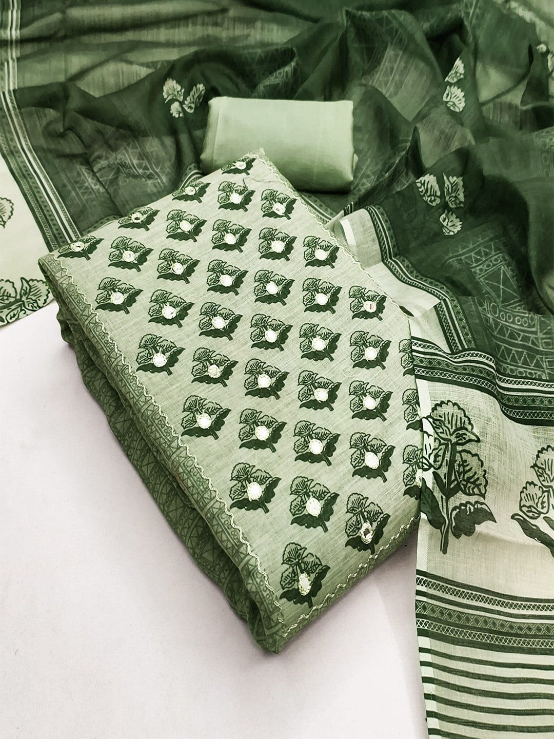 Premium Sage Green Floral Digital Print Linen Cotton Dress Material With Mirror Embroidery Work - Image 3