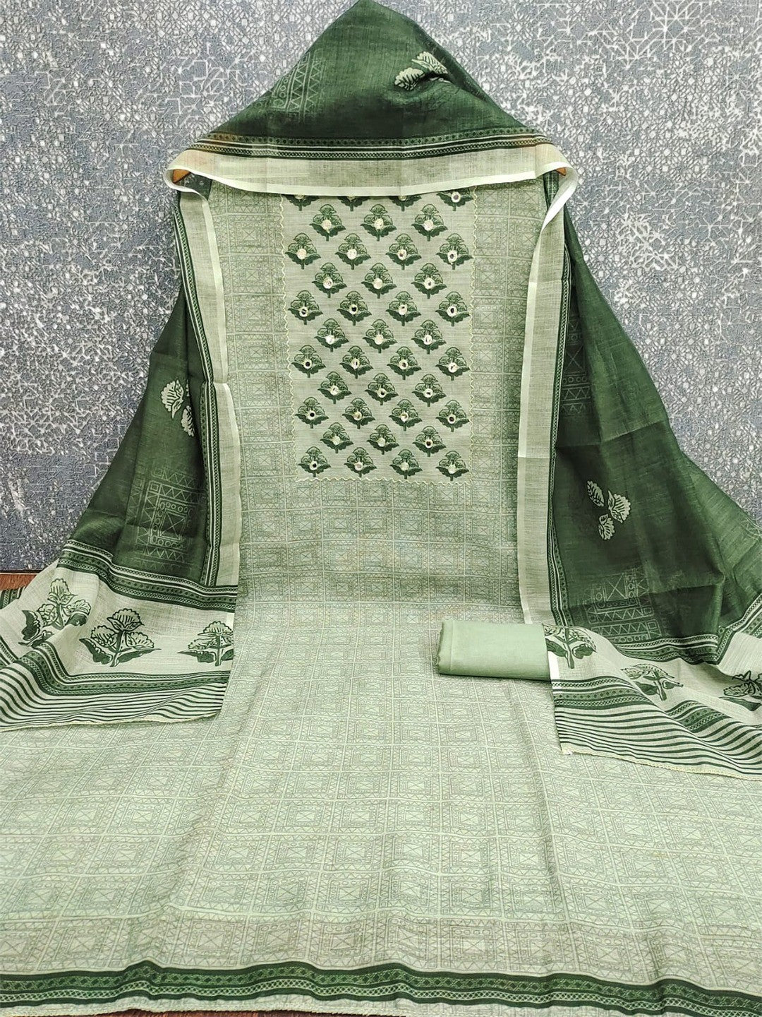 Premium Sage Green Floral Digital Print Linen Cotton Dress Material With Mirror Embroidery Work - Image 2