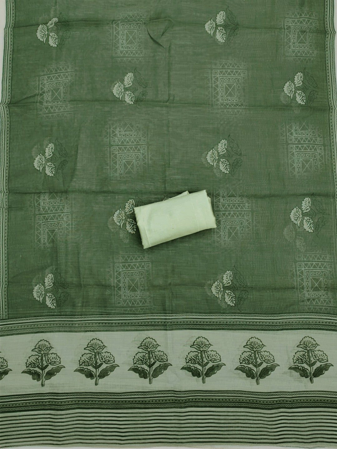 Premium Sage Green Floral Digital Print Linen Cotton Dress Material With Mirror Embroidery Work - Image 2