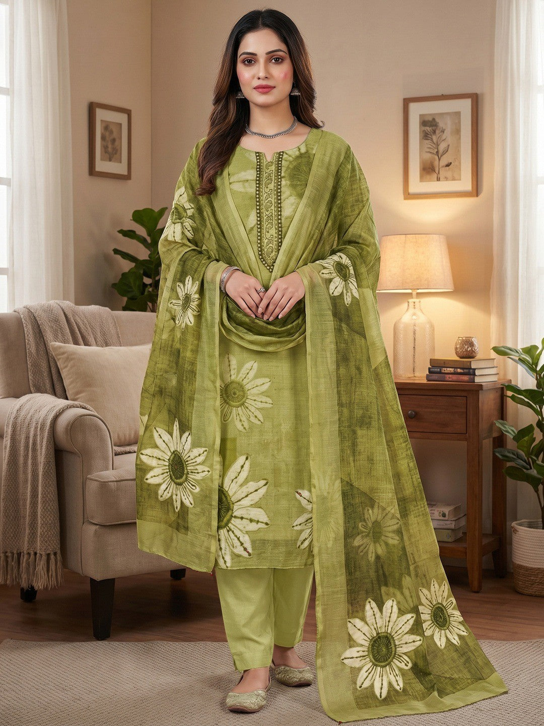 Graceful Olive Green Floral Digital Printed Linen Cotton Dress Material With Khatli & Beads Work - Image 1