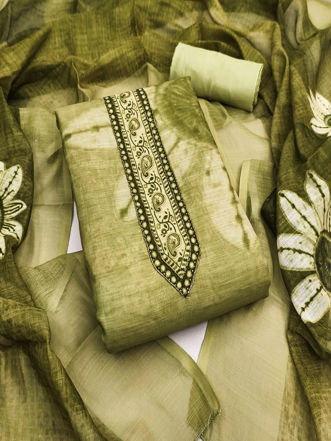 Graceful Olive Green Floral Digital Printed Linen Cotton Dress Material With Khatli & Beads Work - Image 4