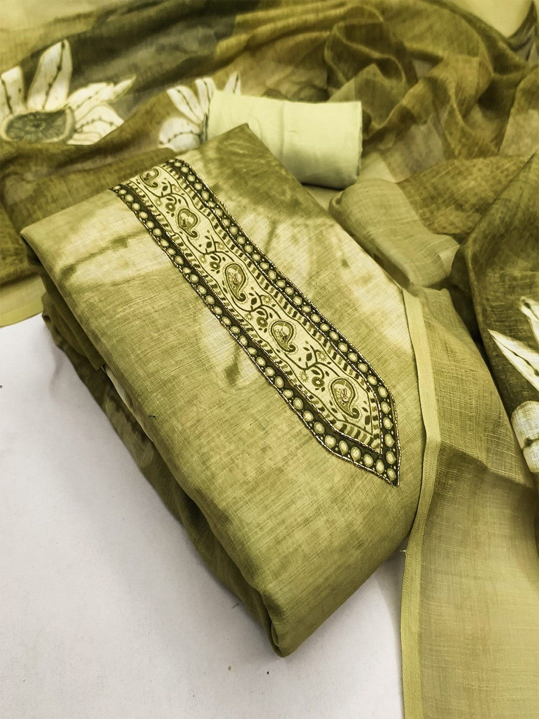 Graceful Olive Green Floral Digital Printed Linen Cotton Dress Material With Khatli & Beads Work - Image 3
