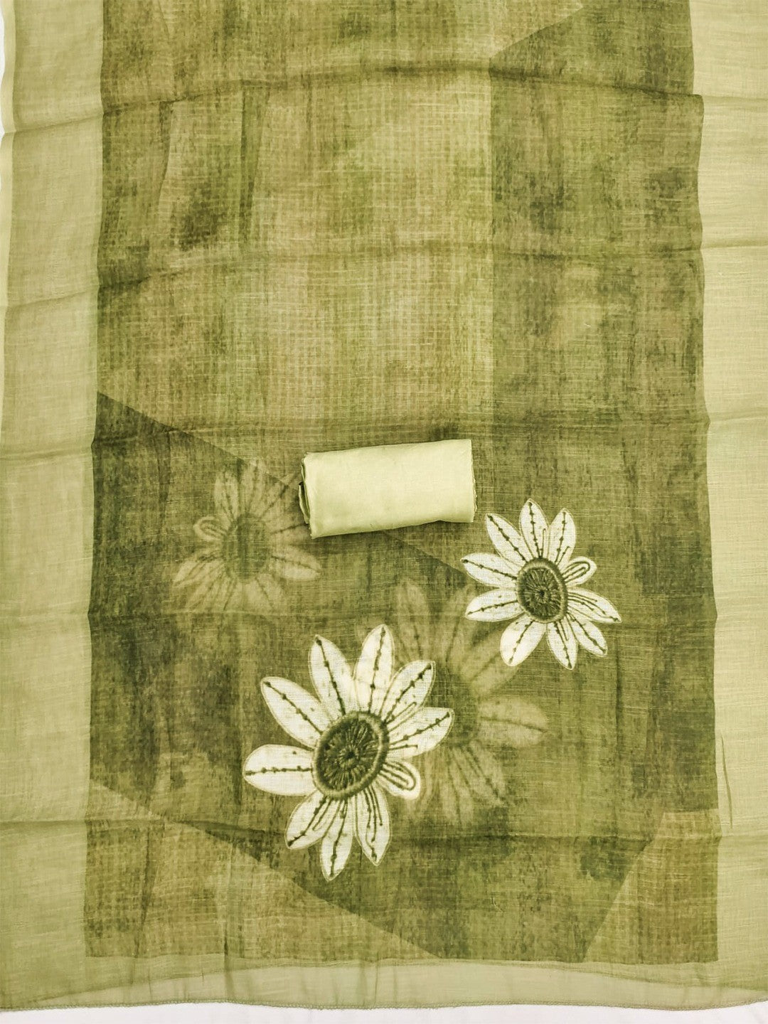 Graceful Olive Green Floral Digital Printed Linen Cotton Dress Material With Khatli & Beads Work - Image 3