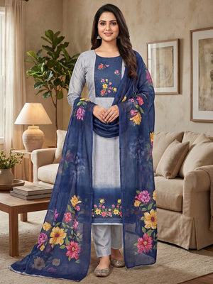 Designer Grey & Navy Blue Floral Print Linen Cotton Dress Material Adorned With Khatli Beads Work - Image 1