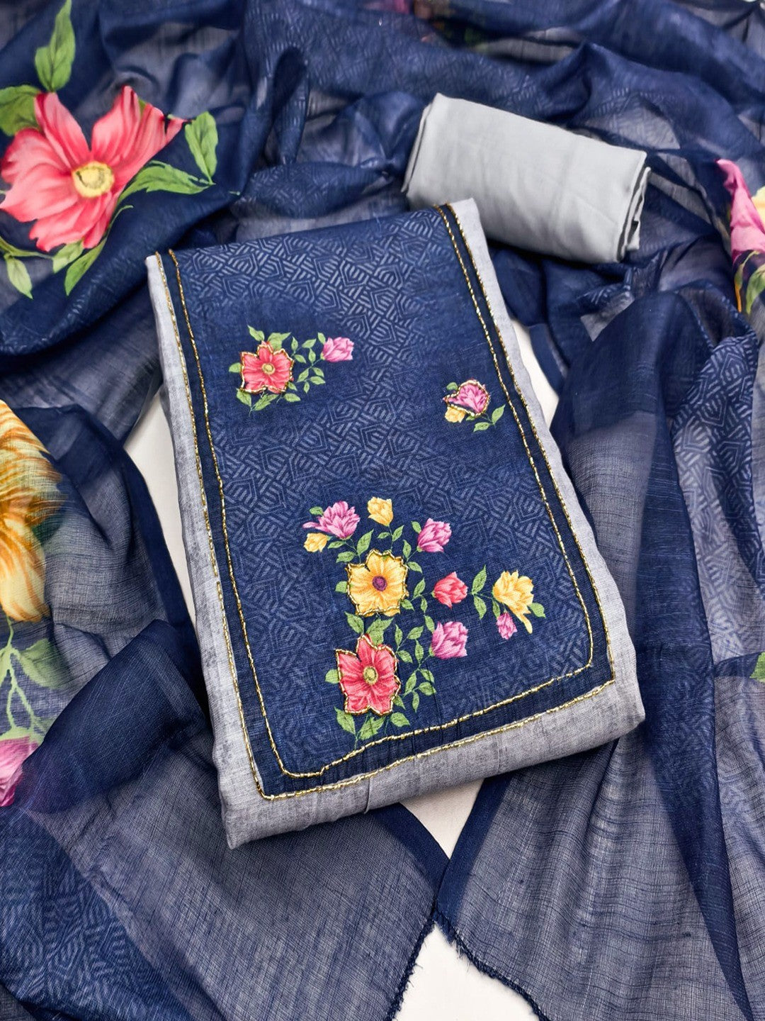 Designer Grey & Navy Blue Floral Print Linen Cotton Dress Material Adorned With Khatli Beads Work - Image 2