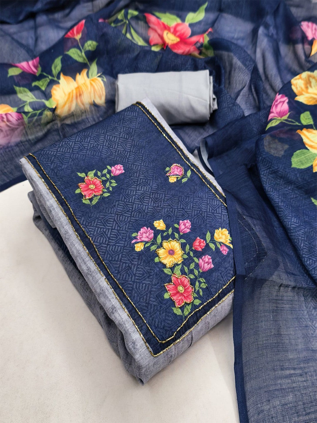 Designer Grey & Navy Blue Floral Print Linen Cotton Dress Material Adorned With Khatli Beads Work - Image 3