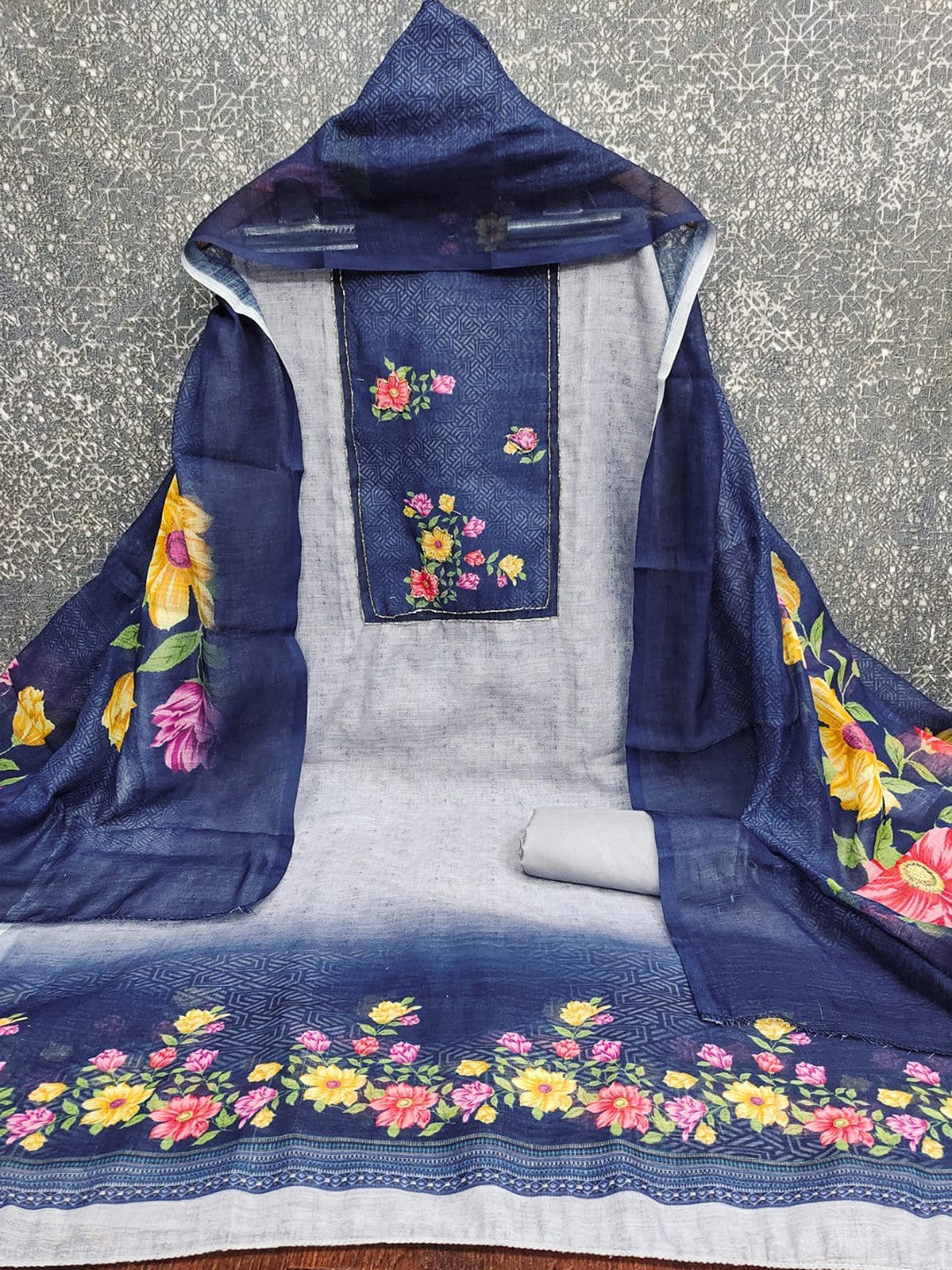 Designer Grey & Navy Blue Floral Print Linen Cotton Dress Material Adorned With Khatli Beads Work - Image 3