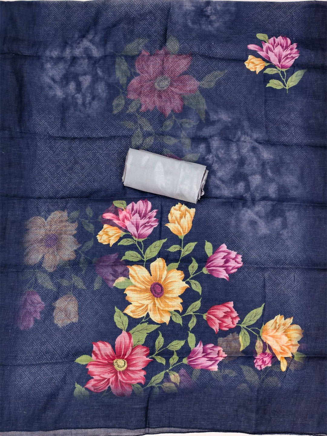 Designer Grey & Navy Blue Floral Print Linen Cotton Dress Material Adorned With Khatli Beads Work - Image 2