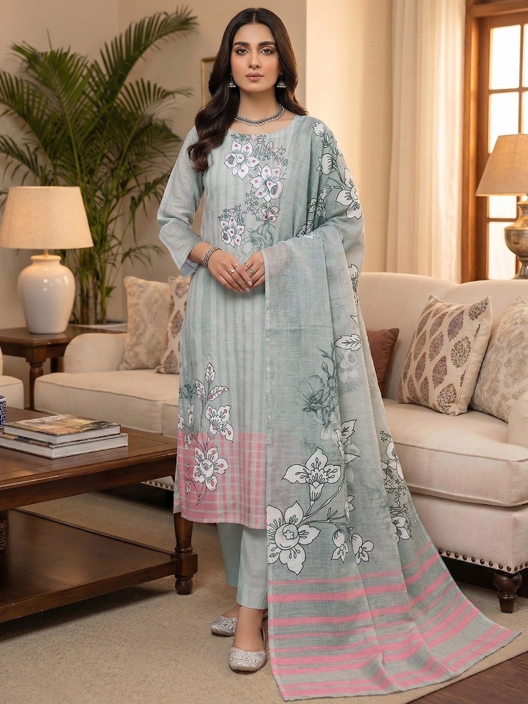 Graceful Grey Floral Digital Printed Linen Cotton Dress Material With Khatli & Mirror Work - Image 1