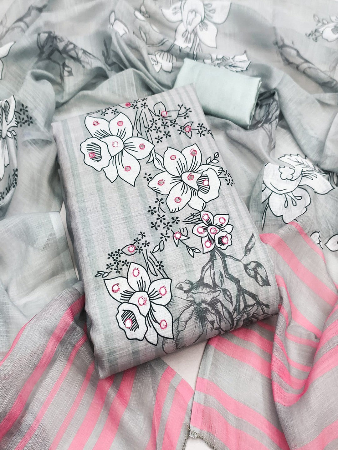 Graceful Grey Floral Digital Printed Linen Cotton Dress Material With Khatli & Mirror Work - Image 5