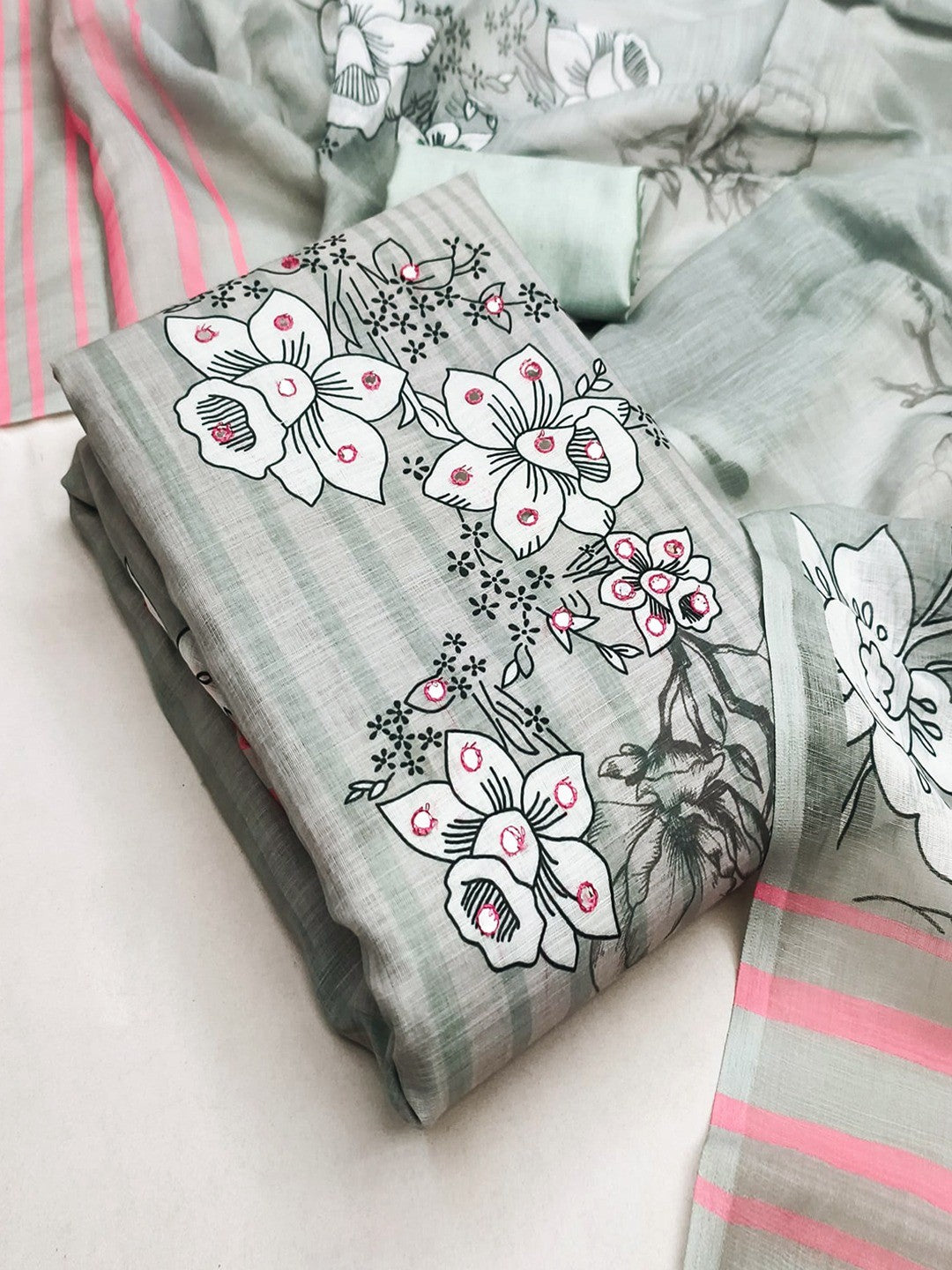 Graceful Grey Floral Digital Printed Linen Cotton Dress Material With Khatli & Mirror Work - Image 4