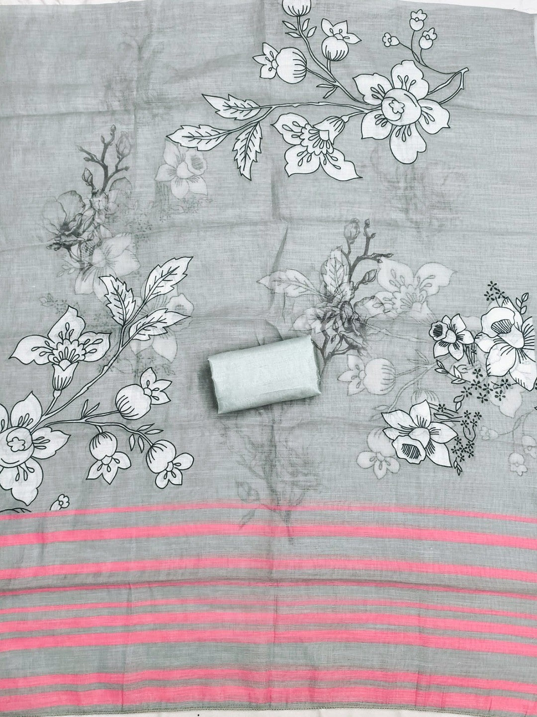 Graceful Grey Floral Digital Printed Linen Cotton Dress Material With Khatli & Mirror Work - Image 5