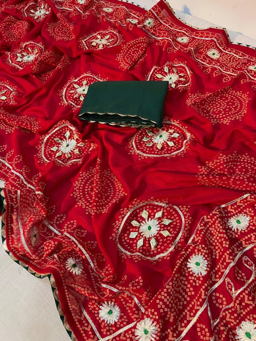 Red Vichitra Silk Saree with Bandhani Design and Gota Work Traditional Look - Image 2