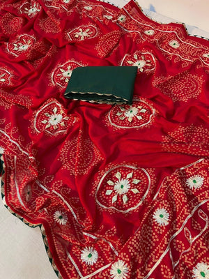 Red Vichitra Silk Saree with Bandhani Design and Gota Work Traditional Look - Image 2