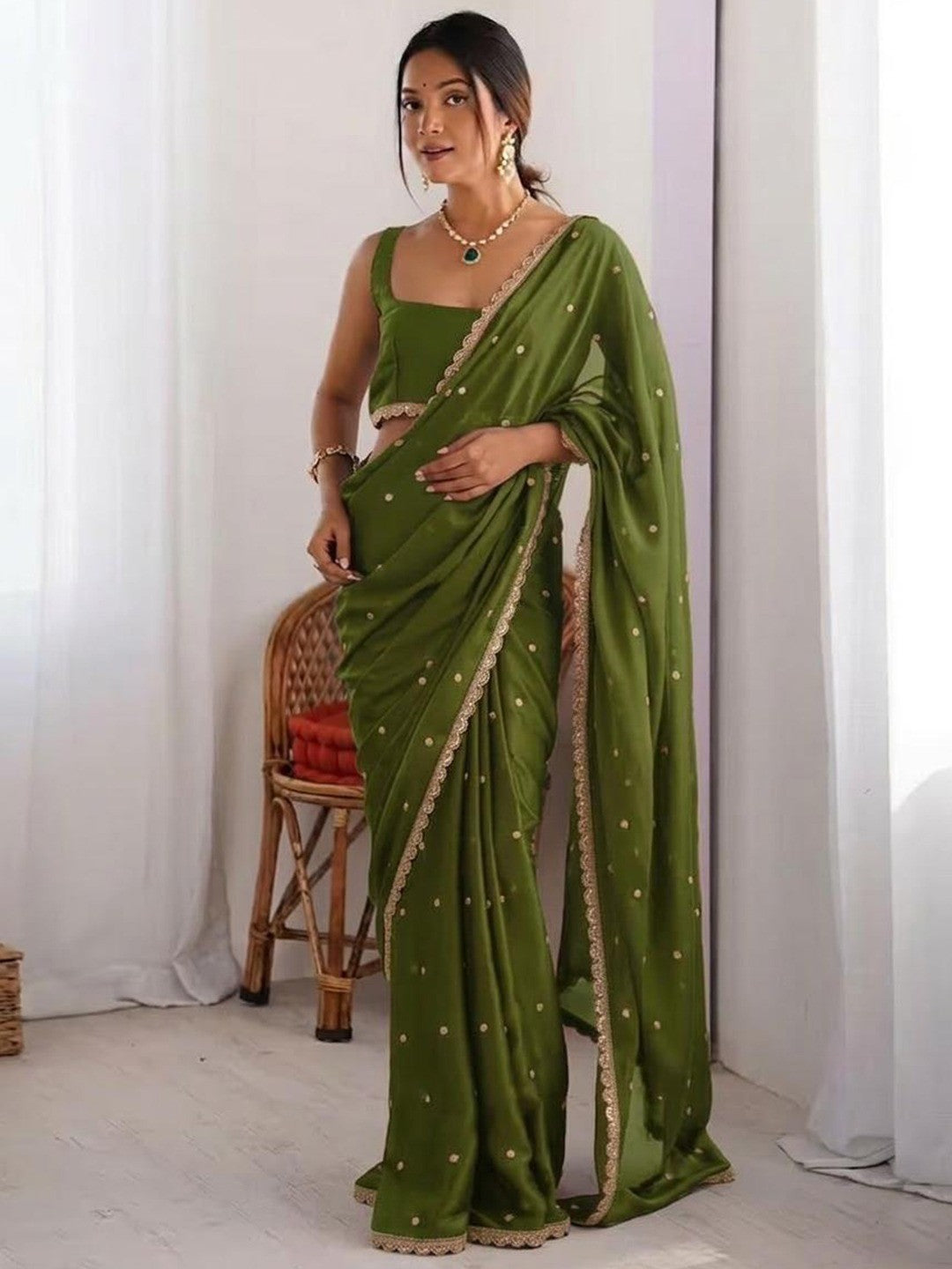 Green Georgette Silk Party Wear Saree with Elegant Sequins Embellishment - Image 1