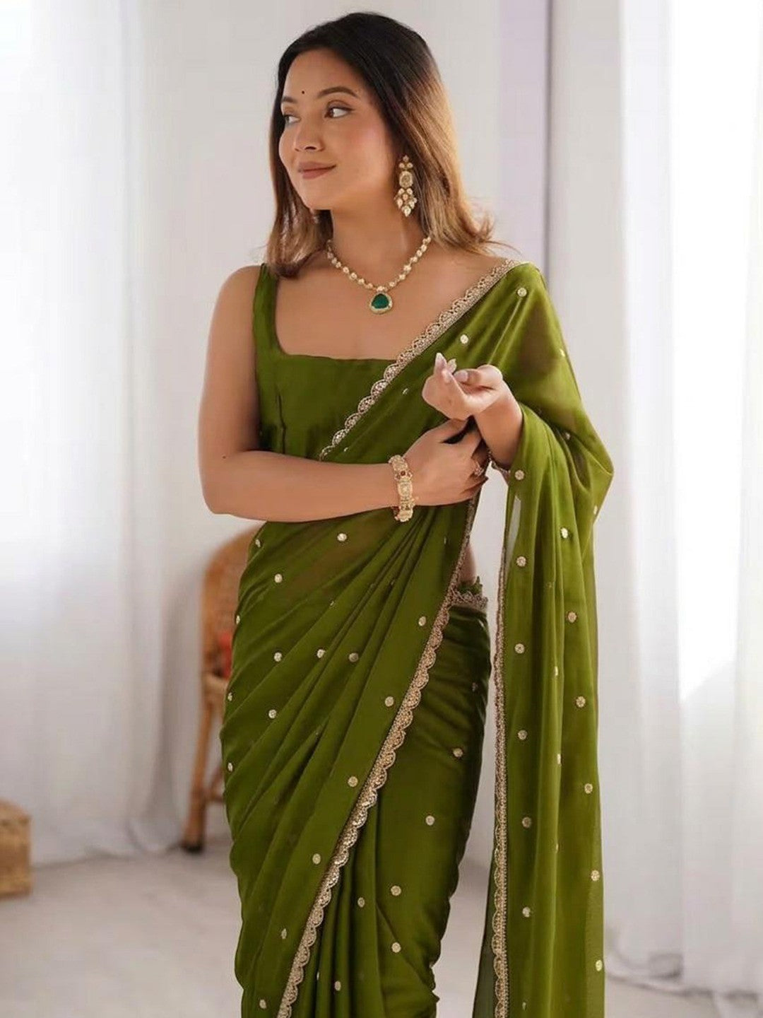 Green Georgette Silk Party Wear Saree with Elegant Sequins Embellishment - Image 2