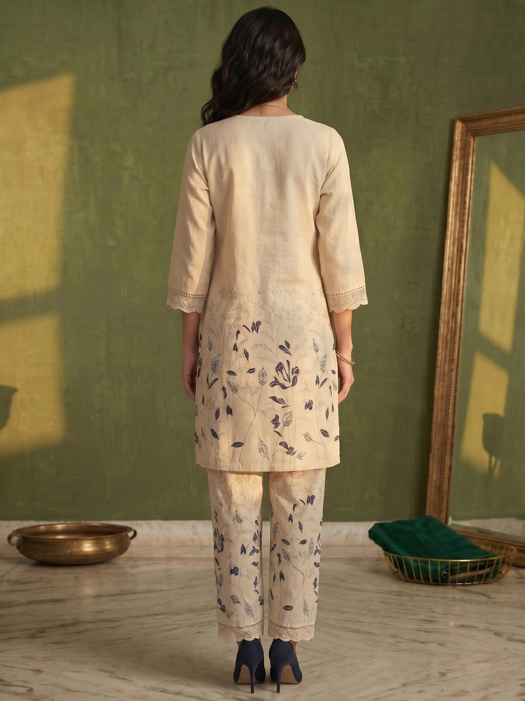 Cream Floral Printed Pure Cotton Straight Cut Top Bottom Set Elegant Look - Image 2