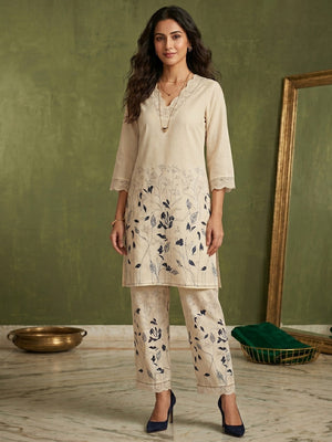 Cream Floral Printed Pure Cotton Straight Cut Top Bottom Set Elegant Look - Image 1