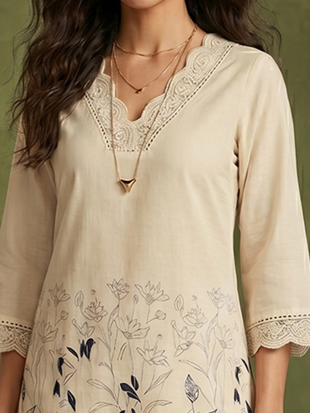 Cream Floral Printed Pure Cotton Straight Cut Top Bottom Set Elegant Look - Image 3