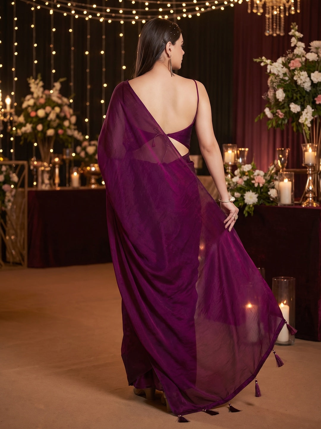 Elegant Magenta Solid Silk Blend Saree Crafted for Glamorous Party Wear - Image 5